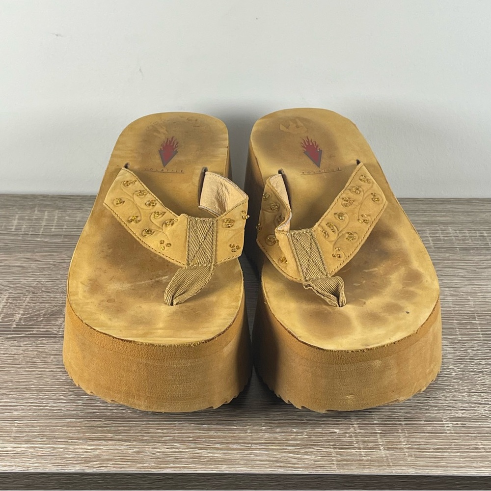 Y2K Volatile Leather Platform Flip Flops Wedge Thong Sandals - Size 7 - Picture 2 of 5